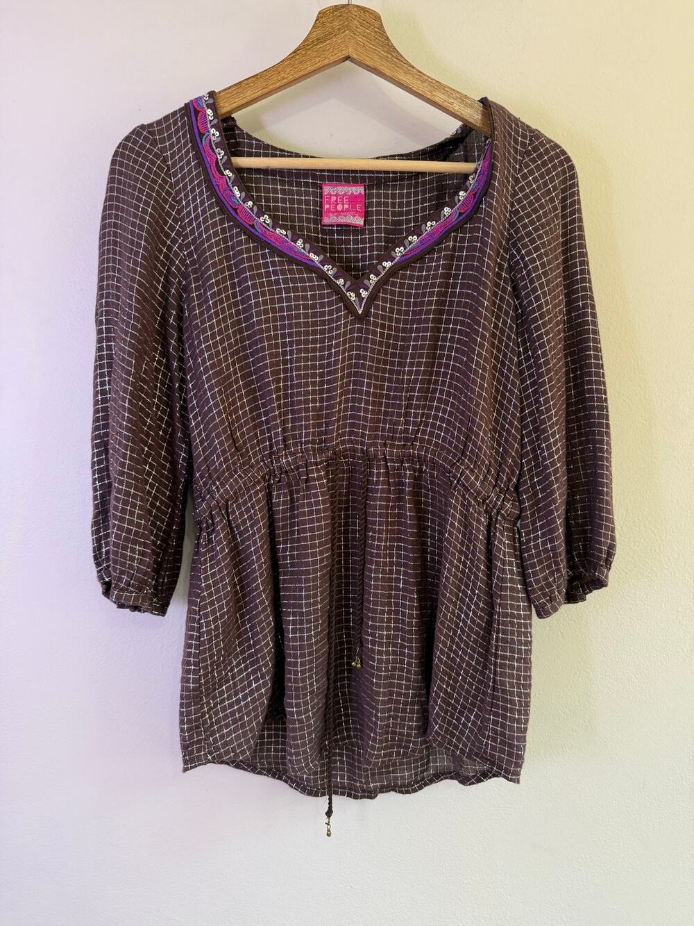 Free People Boho Peasant Top Brown Metallic Plaid Embroidered Small